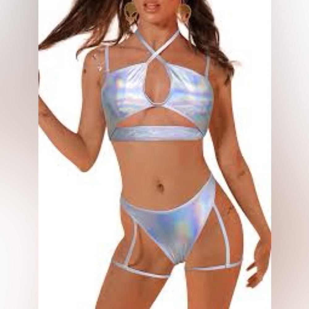 Holographic Bodysuit Halter Crop Top Leg Garter Set